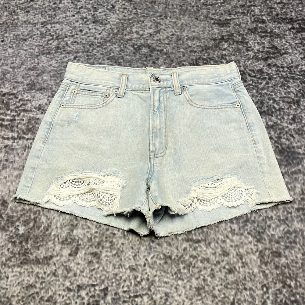 American Eagle Mom Shorts Denim Lace Trim Womens 6 (28" Waist) Blue Beach Summer